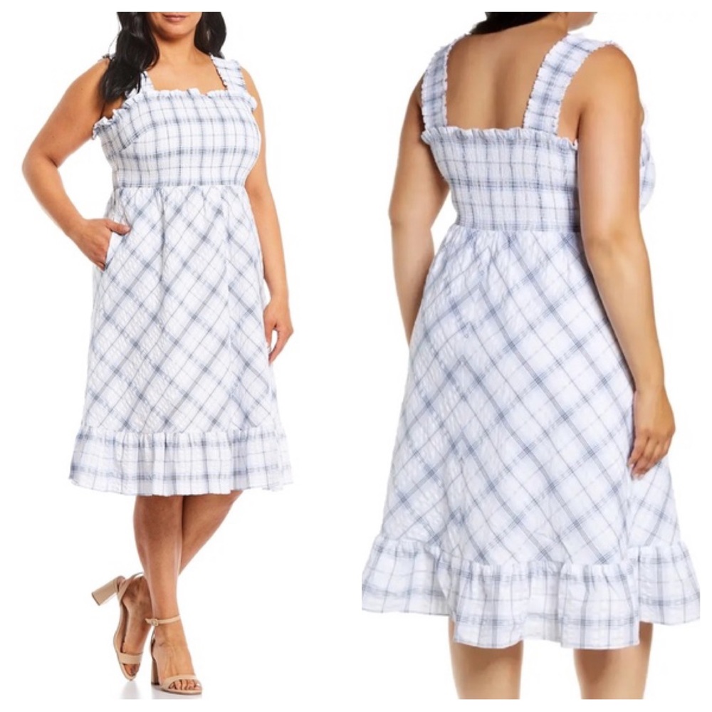 Eliza J Smocked Plaid Ruffle Midi Dress SZ 18W Blue White Sleeveless Sundress - Picture 16 of 16